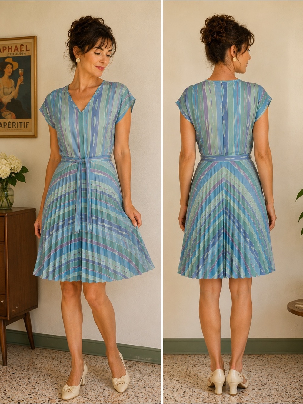 Vintage Pastel Pleated Dress Blue Green Retro Cottagecore Midi Tea Dress S/M